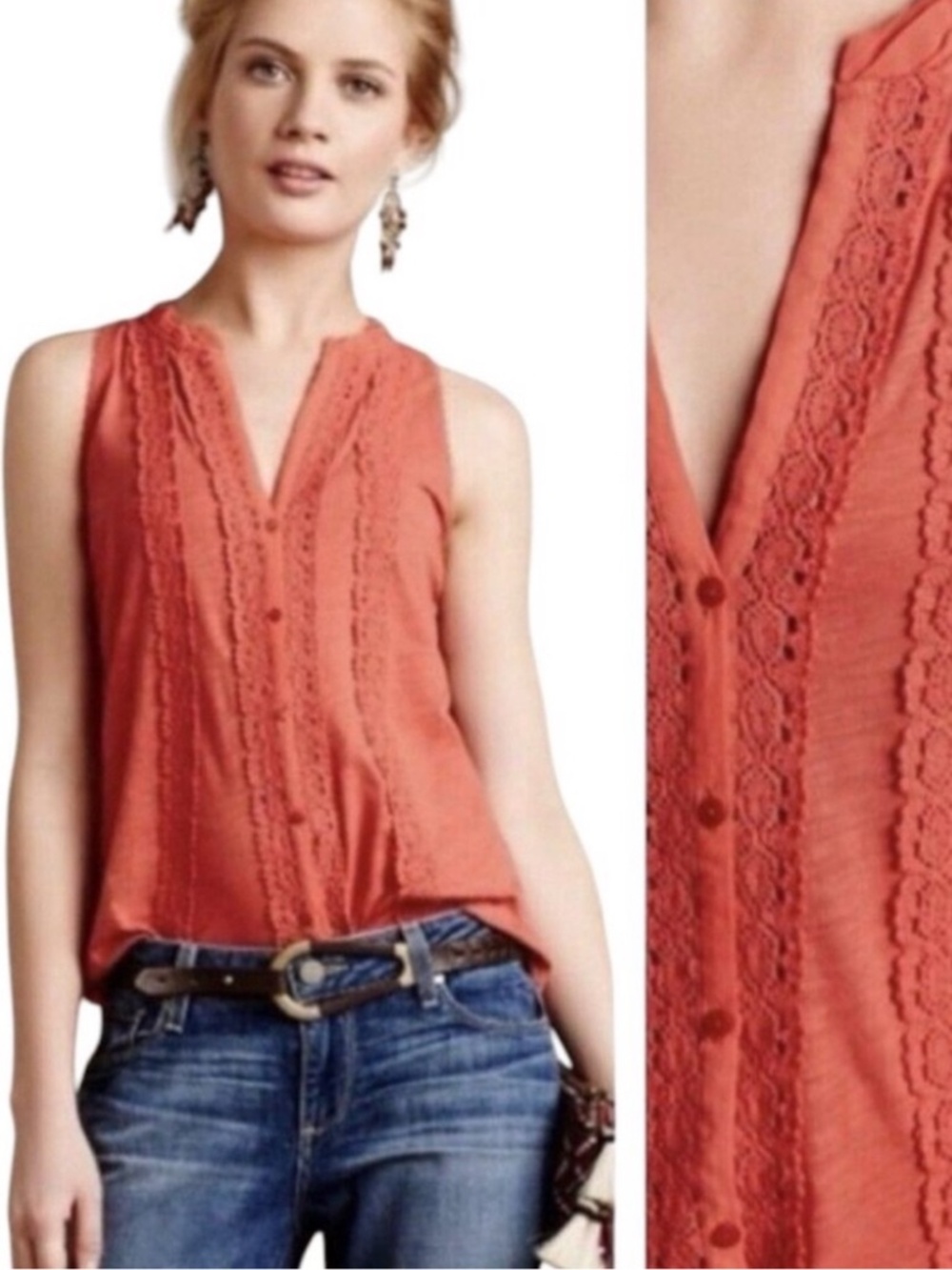 🧡 Meadow Rue Coral Lace Trim Blouse Size XL